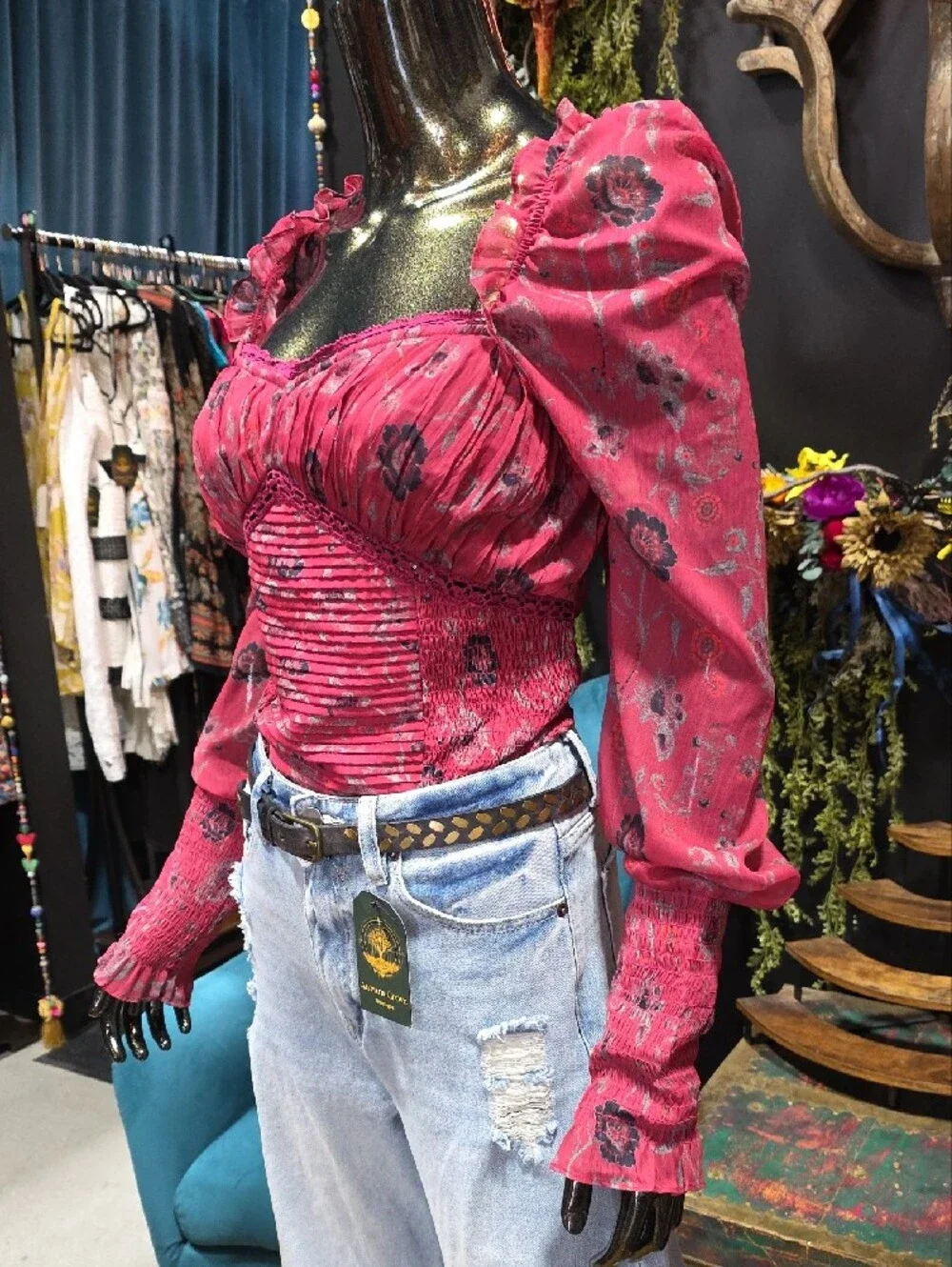 Free People Redish Pink  Floral Puff-Sleeve Smocked Bodysuit Blouse